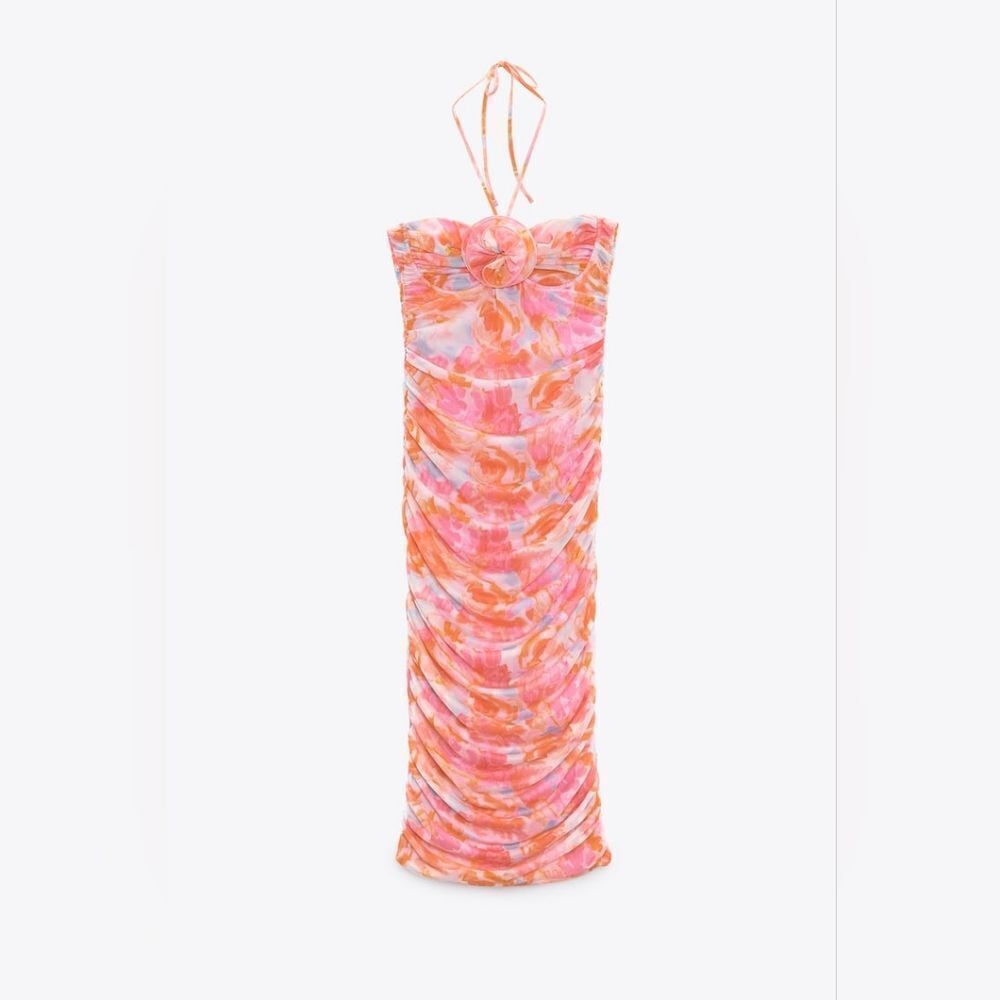 ZARA PRINTED TULLE MIDI DRESS PINK FLORAL - Picture 16 of 17